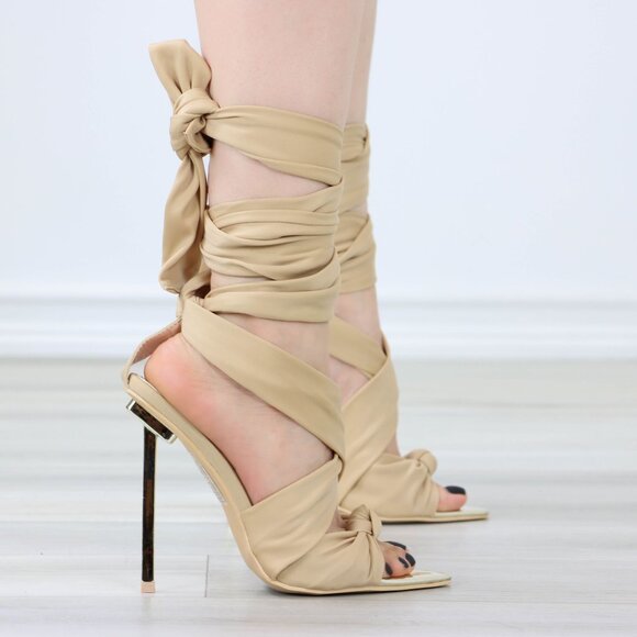 Nude Open pointed Toe High Heel Ankle Strap Fabric Gold Needle Heel - Picture 6 of 14